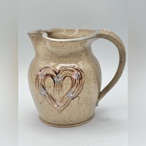Three Rivers Pottery 1992 Jug Pitcher Speckled Floral Heart Handmade 6" x 4.5"